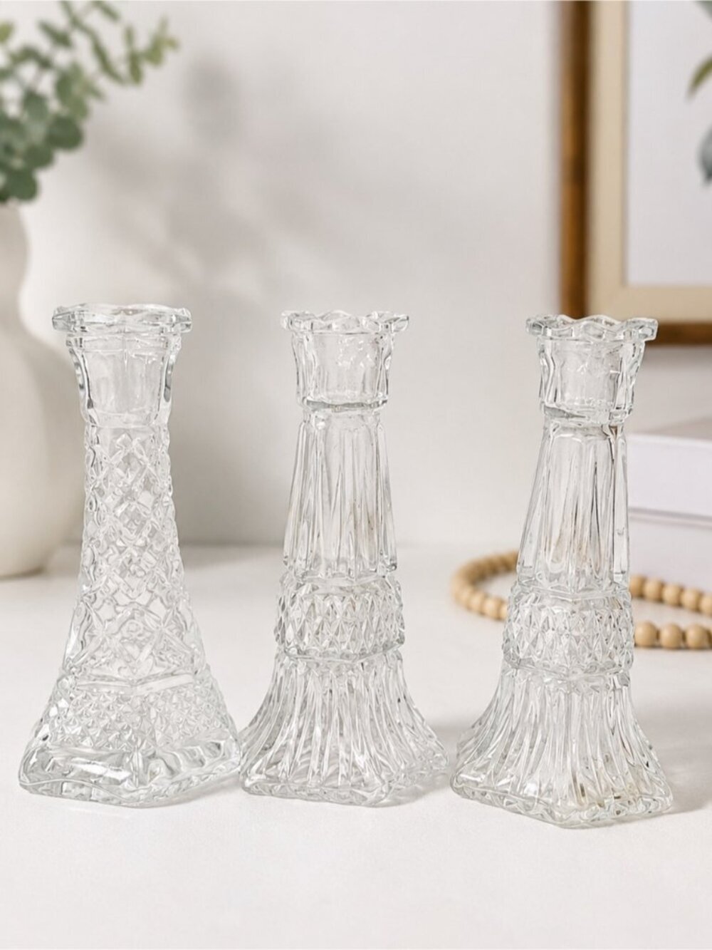 Set of 3 Vintage Pressed Glass Candle Holders – Clear Glass Mixed Designs